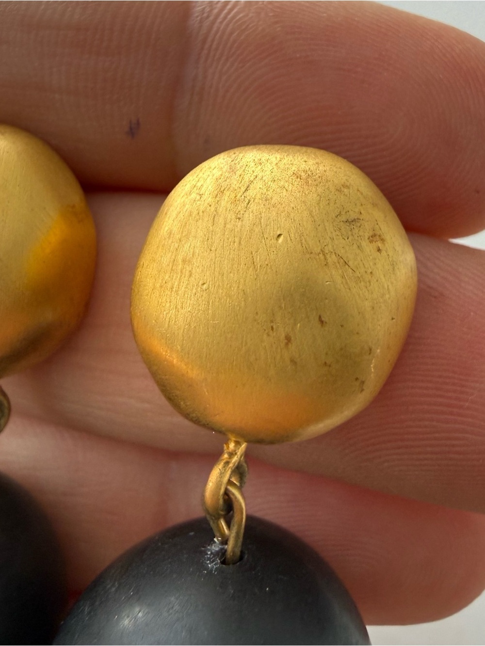 Vintage Givenchy Signed Matte Brushed Goldtone Black Double Ball Dangle Earrings - Picture 4 of 8